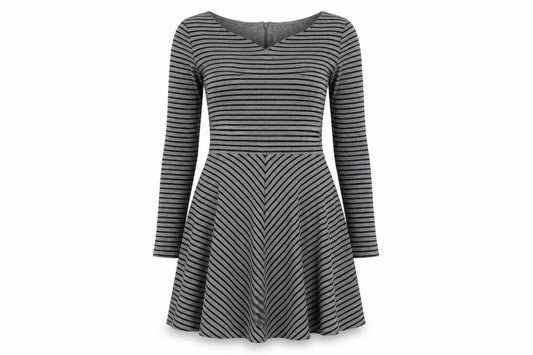 Front view of Gap women’s grey striped cotton jumper dress, size UK 10, round neck zip