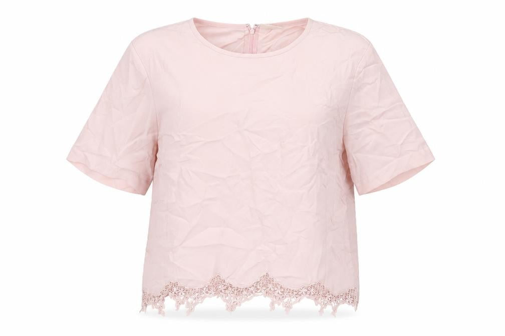 Front view of Country Casuals women’s pink polyester basic blouse, size UK 14, round neck