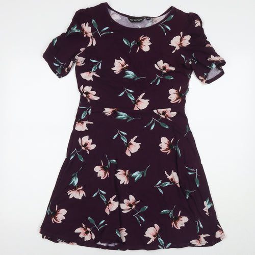 Dorothy Perkins Womens Purple Floral Cotton A-Line Size 12 Round Neck Pullover