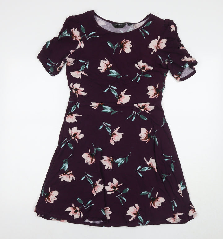 Dorothy Perkins Womens Purple Floral Cotton A-Line Size 12 Round Neck Pullover