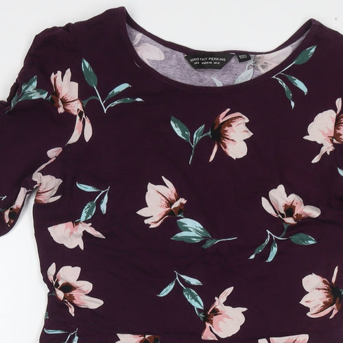 Dorothy Perkins Womens Purple Floral Cotton A-Line Size 12 Round Neck Pullover