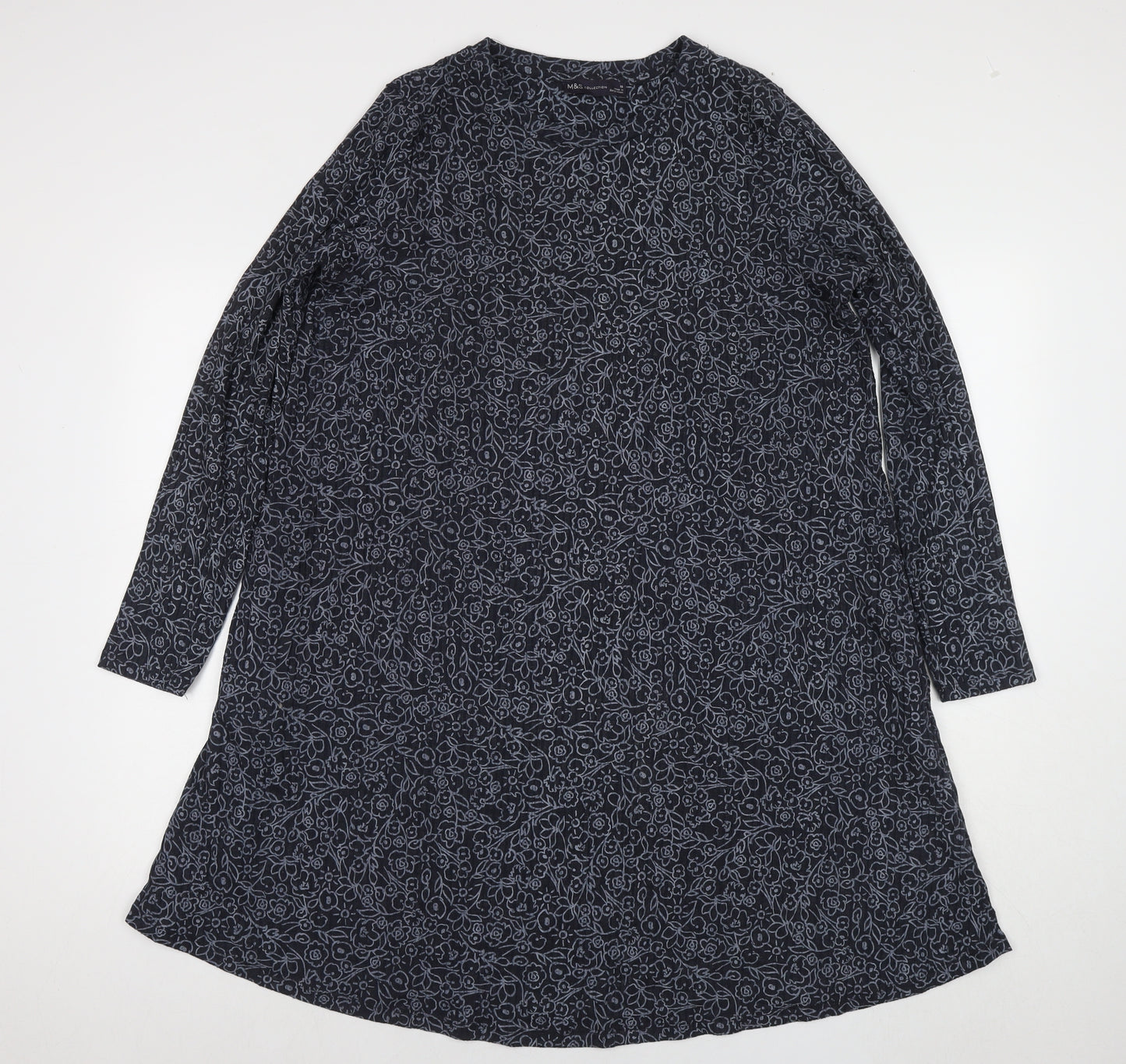 Marks and Spencer Womens Blue Floral Cotton Jumper Dress Size 18 Round Neck Pullover