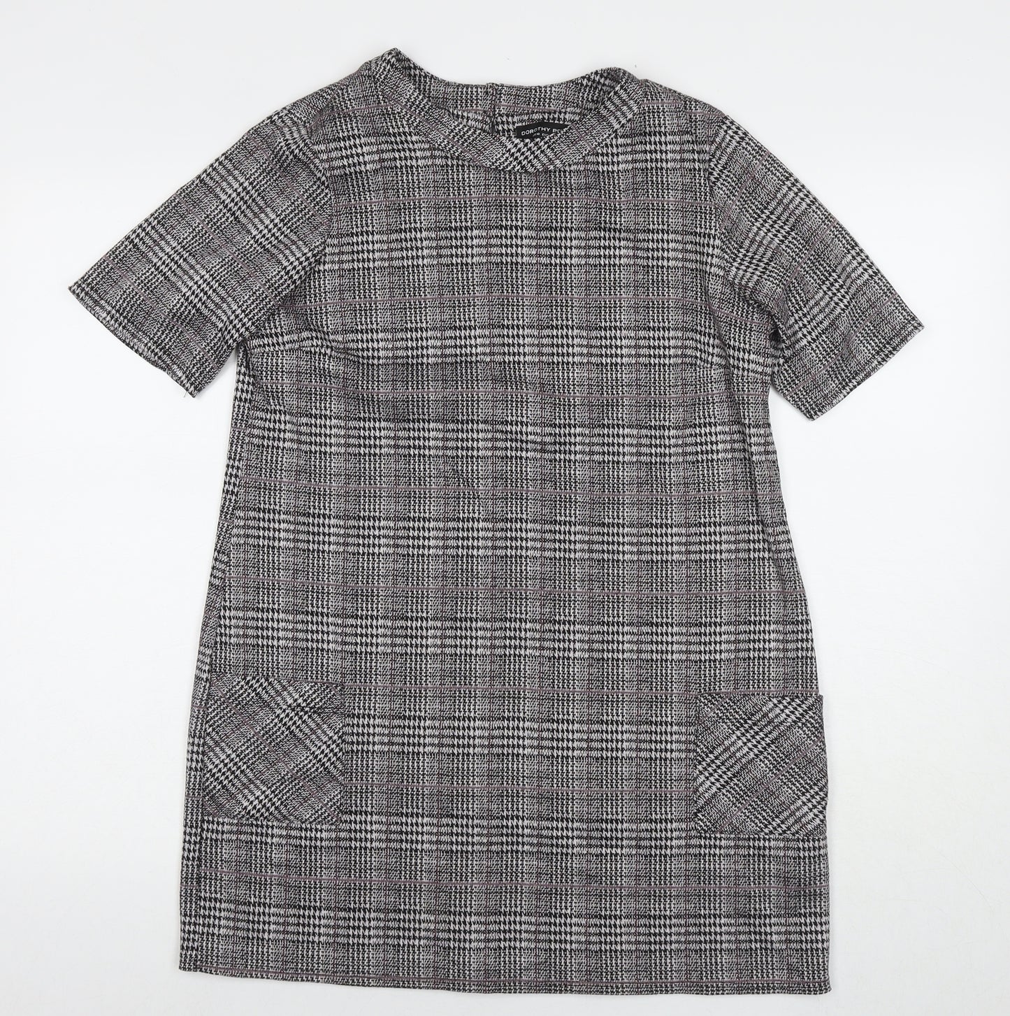 Dorothy Perkins Womens Grey Check Polyester A-Line Size 14 Round Neck Button
