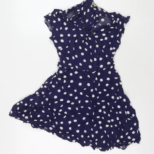 Dorothy Perkins Womens Blue Polka Dot Viscose Fit & Flare Size 10 V-Neck Zip