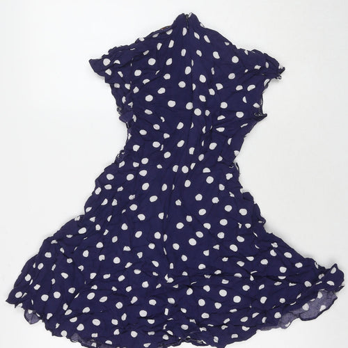 Dorothy Perkins Womens Blue Polka Dot Viscose Fit & Flare Size 10 V-Neck Zip
