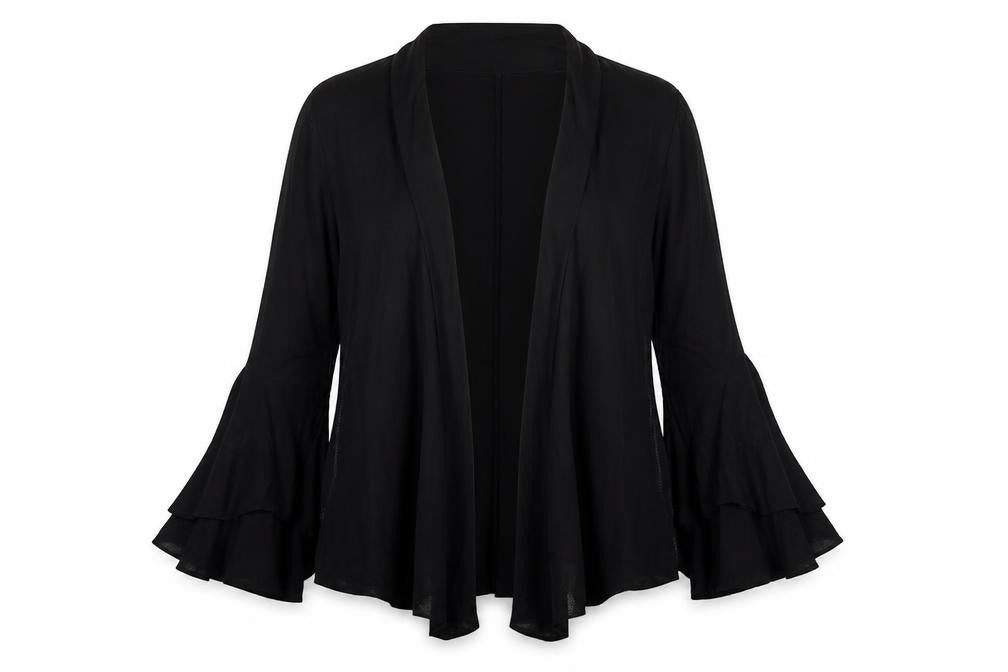 Front view of monari women’s black viscose kimono blouse, size UK 12, v-neck