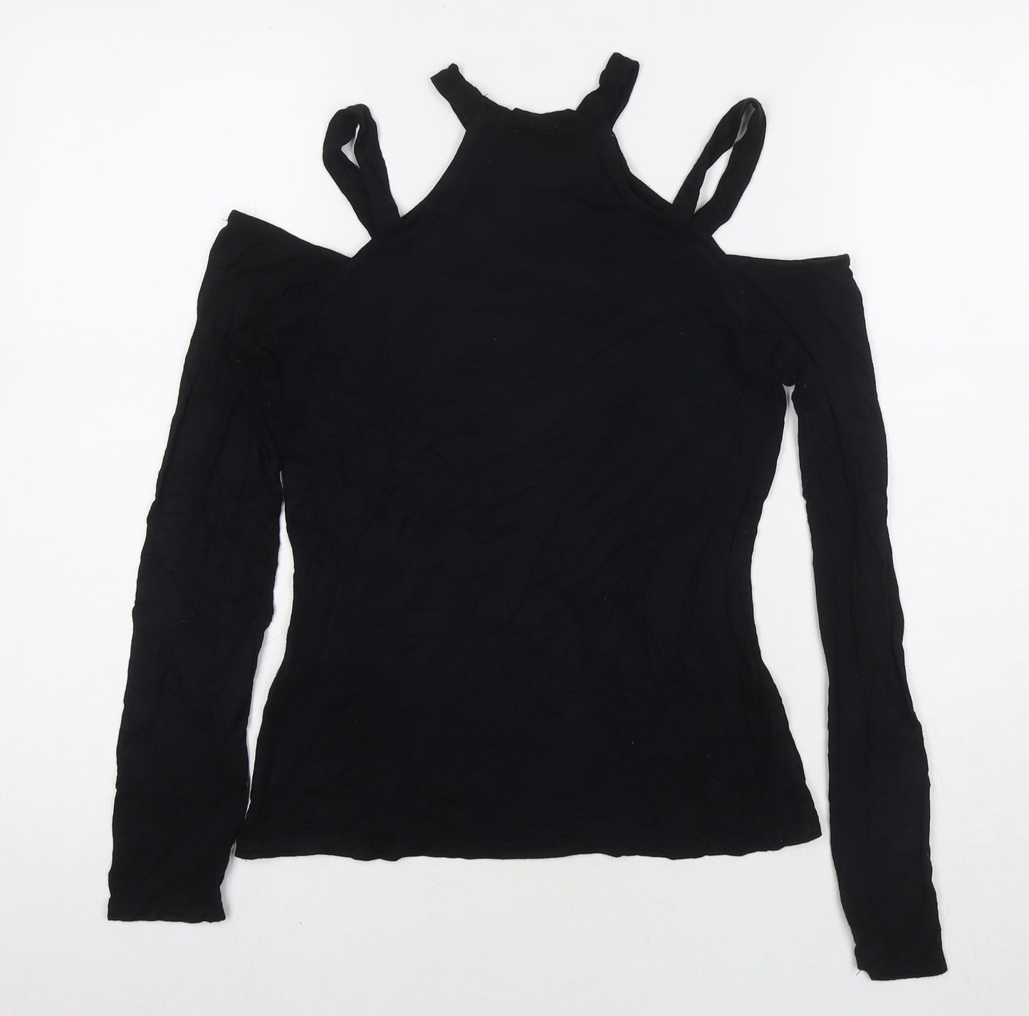 River Island Womens Black Viscose Basic T-Shirt Size 12 Round Neck - Cold Shoulder