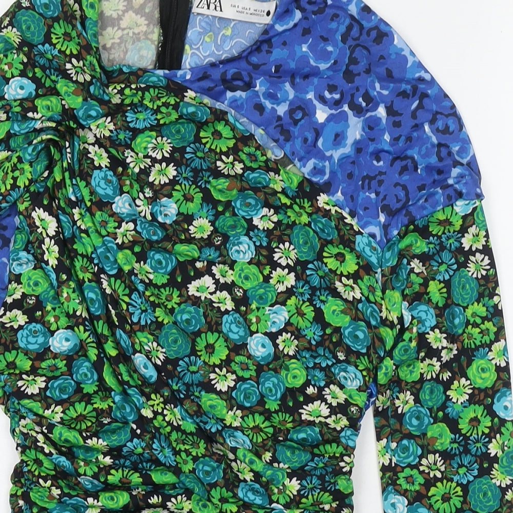 Zara Womens Multicoloured Floral Polyester Bodycon Size S Round Neck Zip