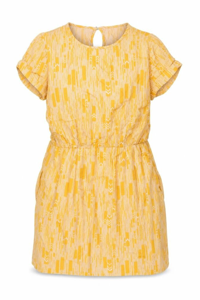 Front view of Samsøe Samsøe women’s orange geometric viscose a-line, size XL, round neck button - pockets