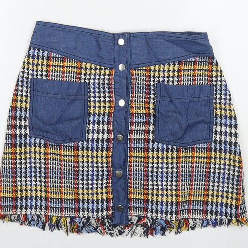 Zara Womens Multicoloured Check Polyester A-Line Skirt Size M Snap