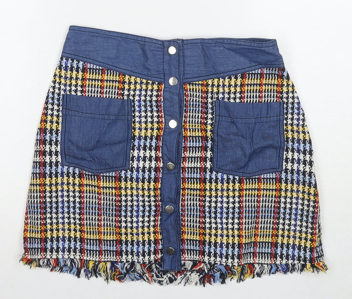 Zara Womens Multicoloured Check Polyester A-Line Skirt Size M Snap