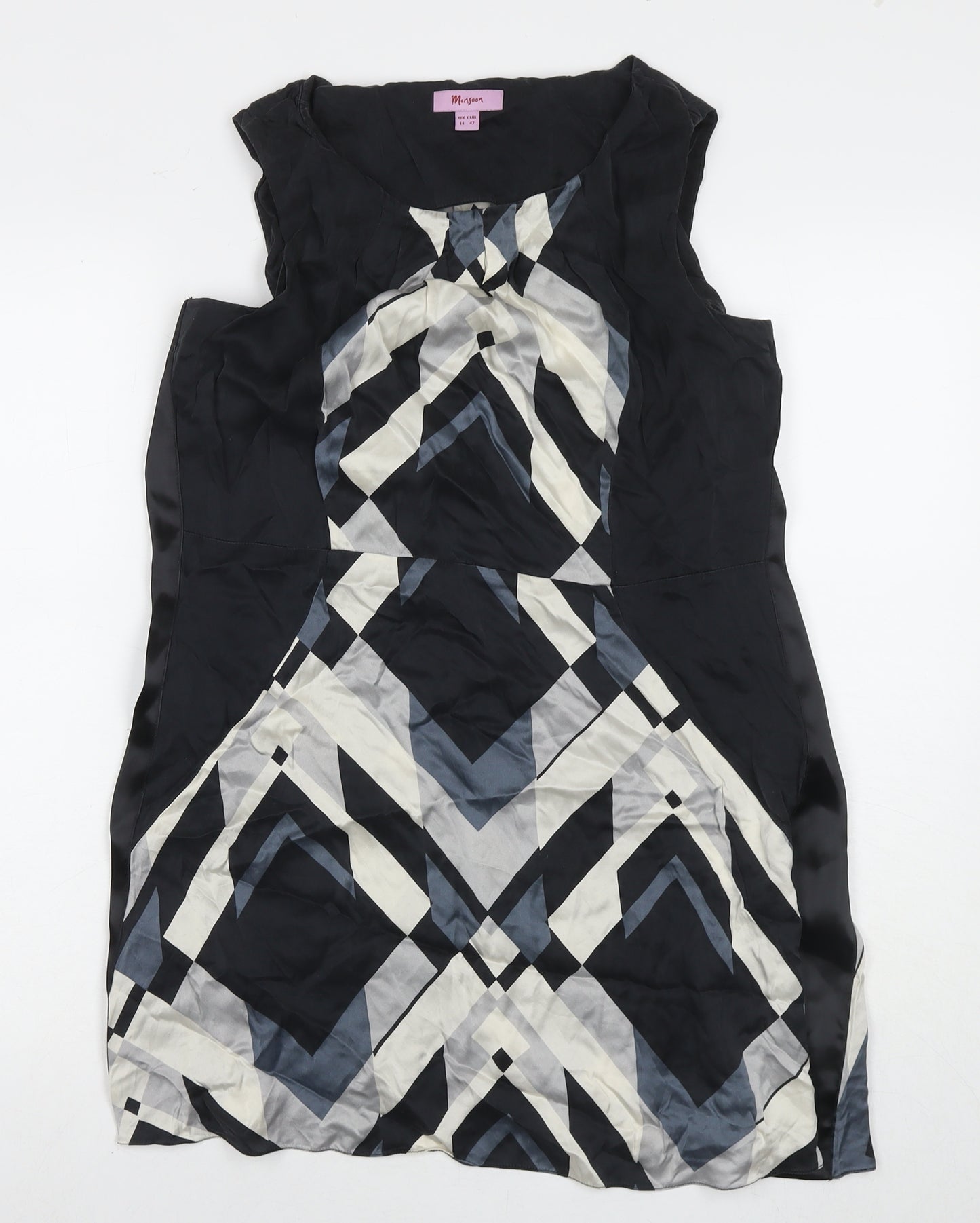 Monsoon Womens Black Geometric Polyester A-Line Size 14 Round Neck Zip