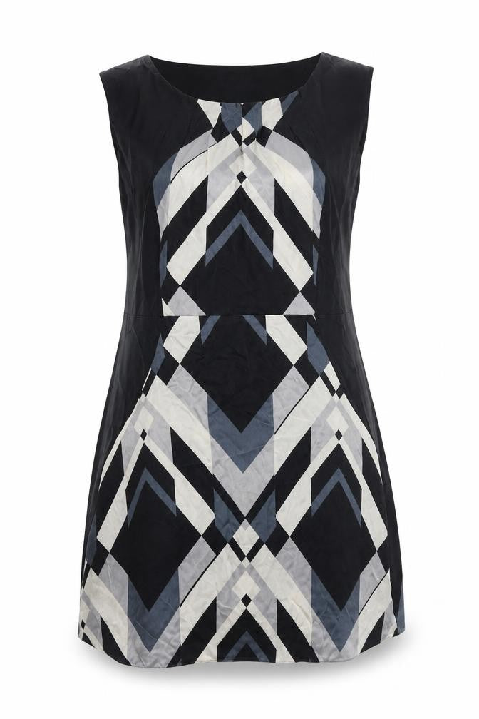 Front view of Monsoon women’s black geometric polyester a-line, size UK 14, round neck zip
