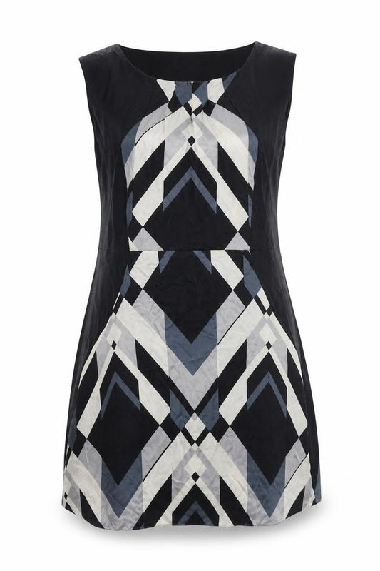 Front view of Monsoon women’s black geometric polyester a-line, size UK 14, round neck zip