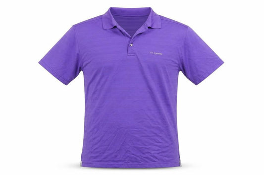 Front view of Aston Martin men’s purple polyester polo, size M, collared pullover - logo