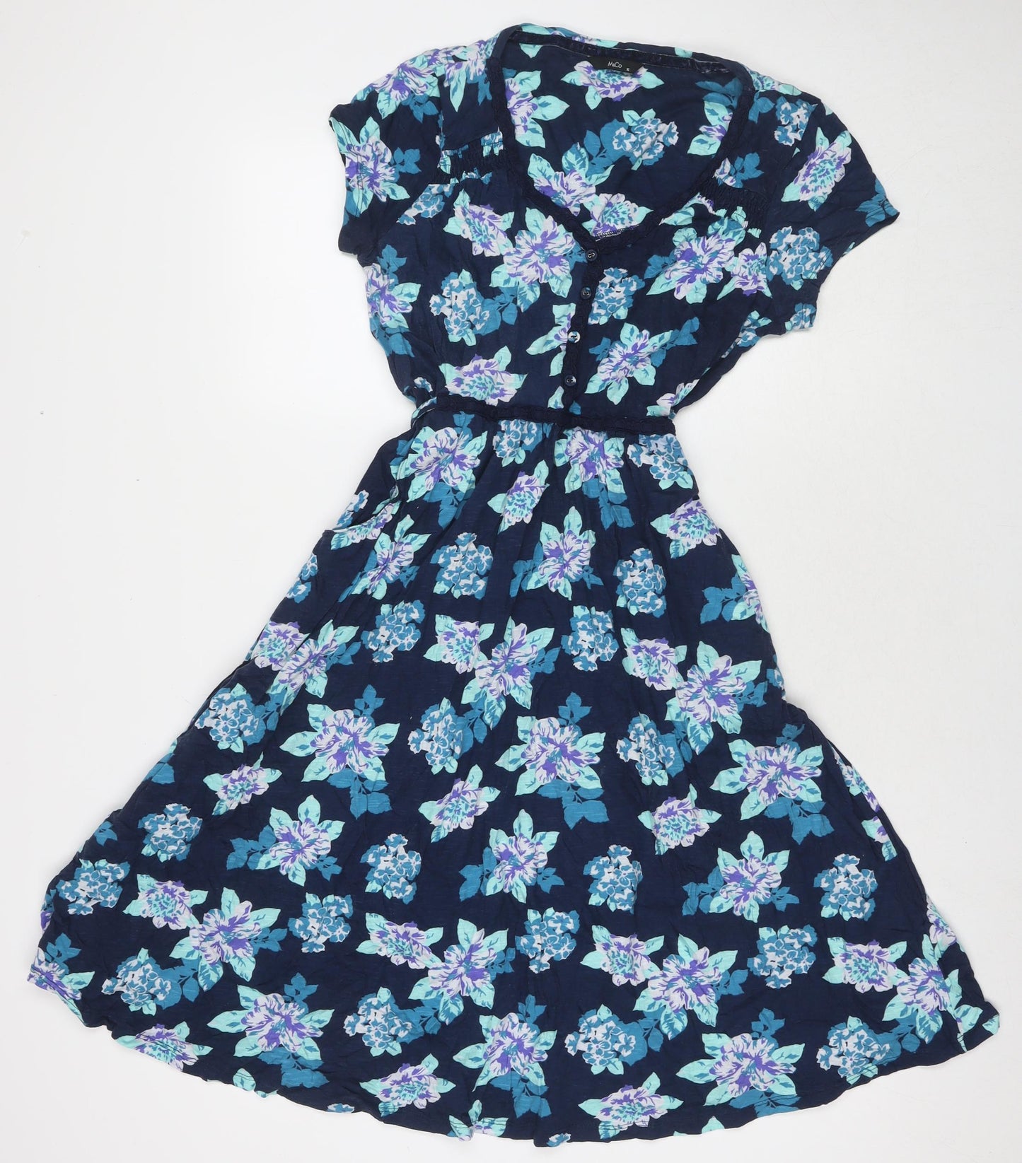 M&Co Womens Blue Floral Polyester A-Line Size 16 V-Neck Pullover