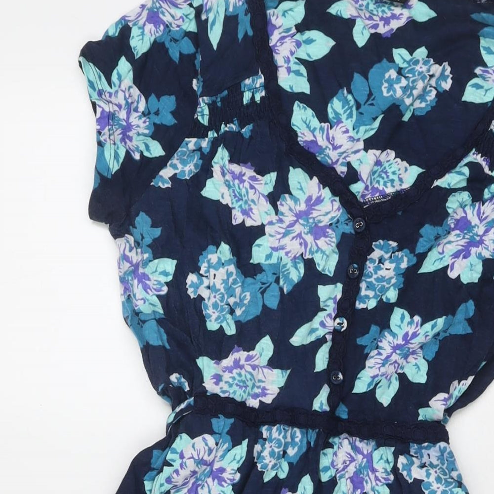 M&Co Womens Blue Floral Polyester A-Line Size 16 V-Neck Pullover