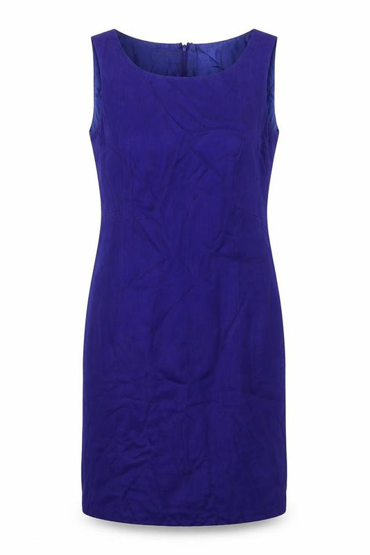 Front view of Precis women’s blue viscose a-line, size UK 12, round neck zip