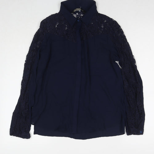 Zara Womens Blue Polyester Basic Button-Up Size M Collared - Lace Detail