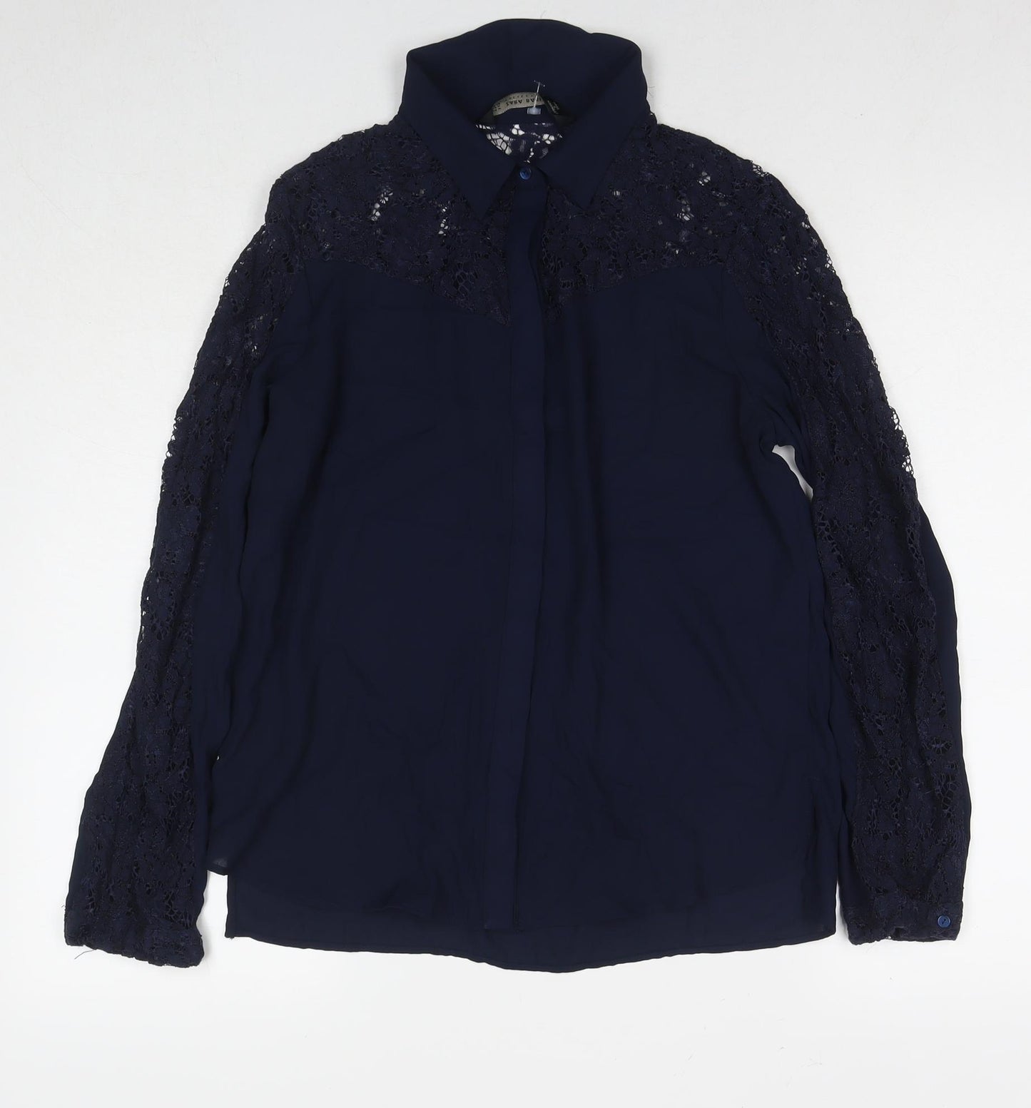 Zara Womens Blue Polyester Basic Button-Up Size M Collared - Lace Detail