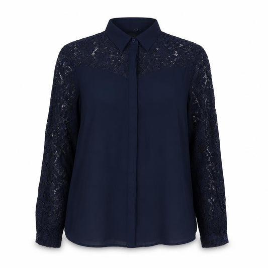 Front view of Zara women’s blue polyester basic button-up, size M, collared - lace detail