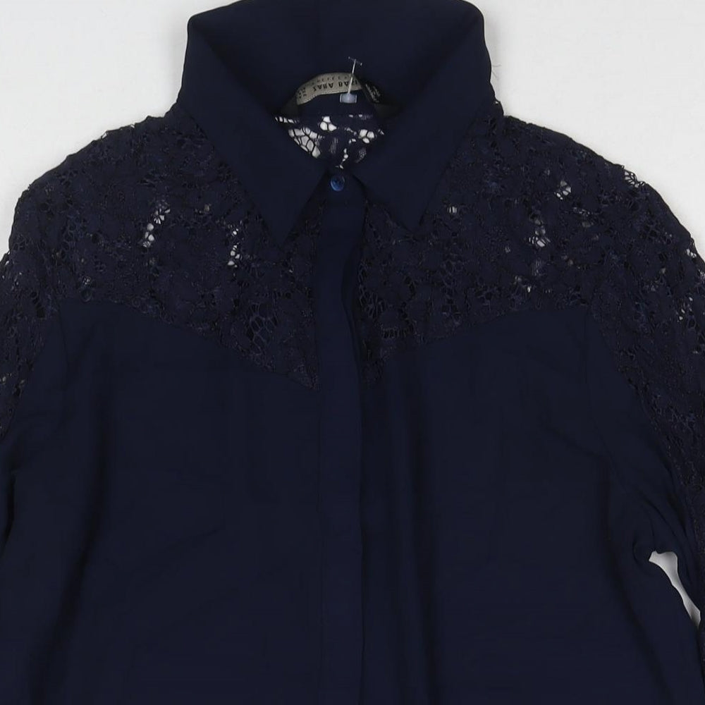Zara Womens Blue Polyester Basic Button-Up Size M Collared - Lace Detail