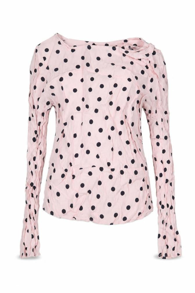 Front view of Marks & Spencer women’s pink polka dot viscose basic blouse, size UK 8, round neck