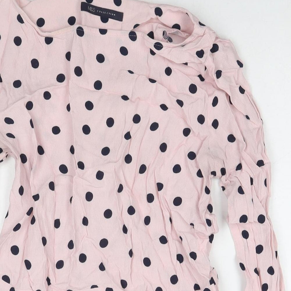 Marks and Spencer Womens Pink Polka Dot Viscose Basic Blouse Size 8 Round Neck