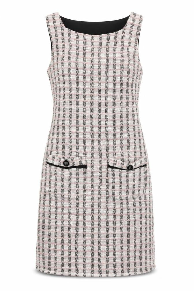 Front view of Dorothy Perkins women’s beige check polyester a-line, size UK 8, round neck pullover