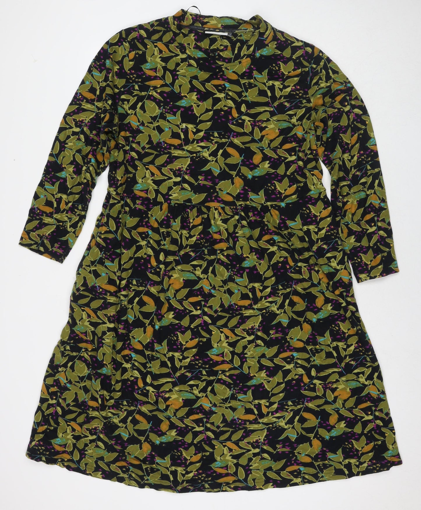 Adini Womens Green Floral Cotton A-Line Size L Round Neck Pullover