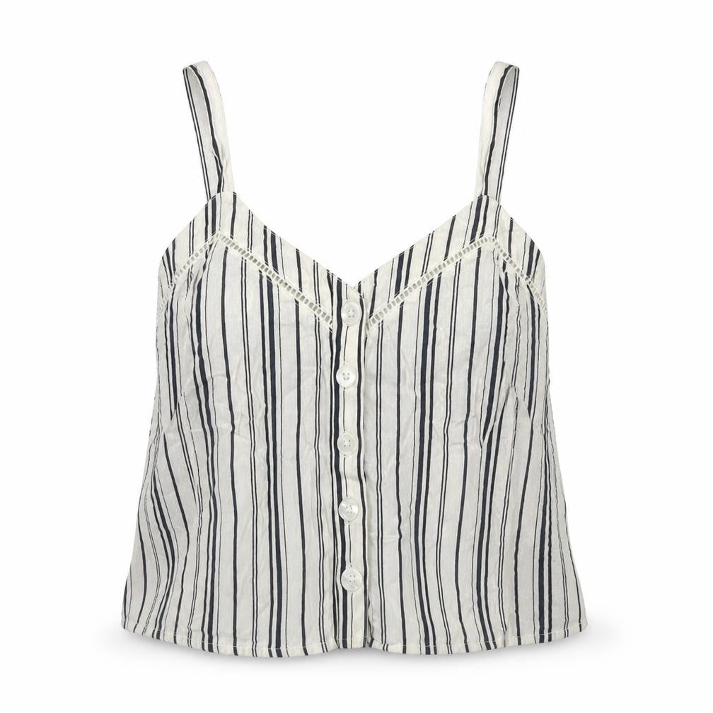 Front view of Miss Selfridge women’s white striped viscose basic tank, size UK 8, v-neck
