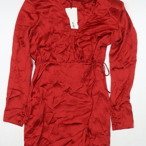 Zara Womens Red Polyester Wrap Dress Size L V-Neck Button