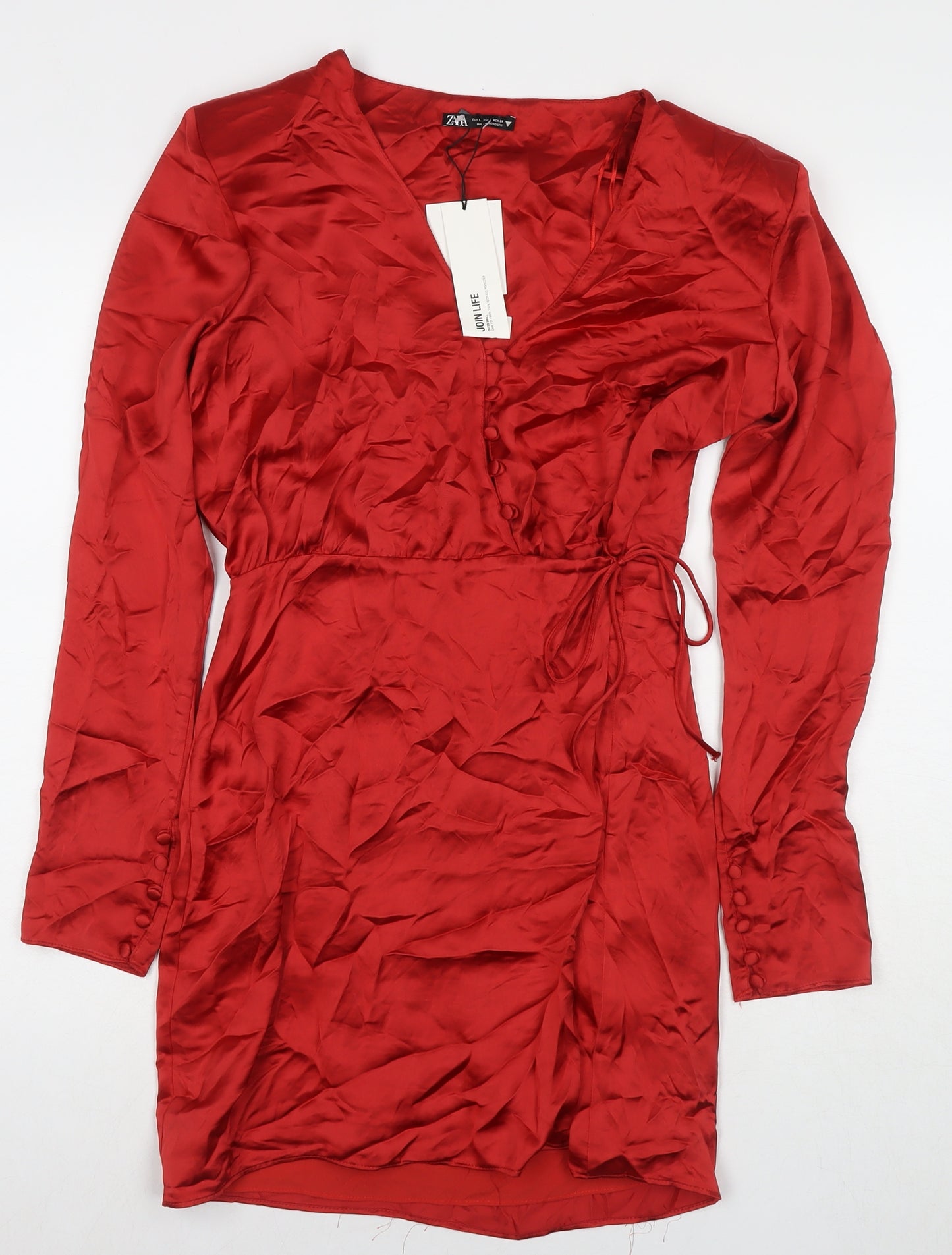 Zara Womens Red Polyester Wrap Dress Size L V-Neck Button