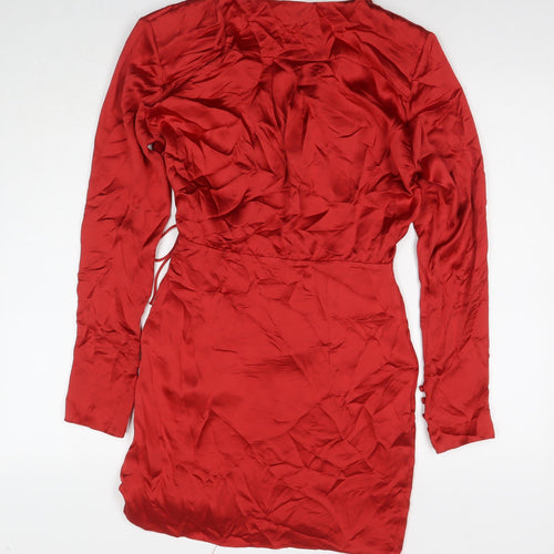 Zara Womens Red Polyester Wrap Dress Size L V-Neck Button
