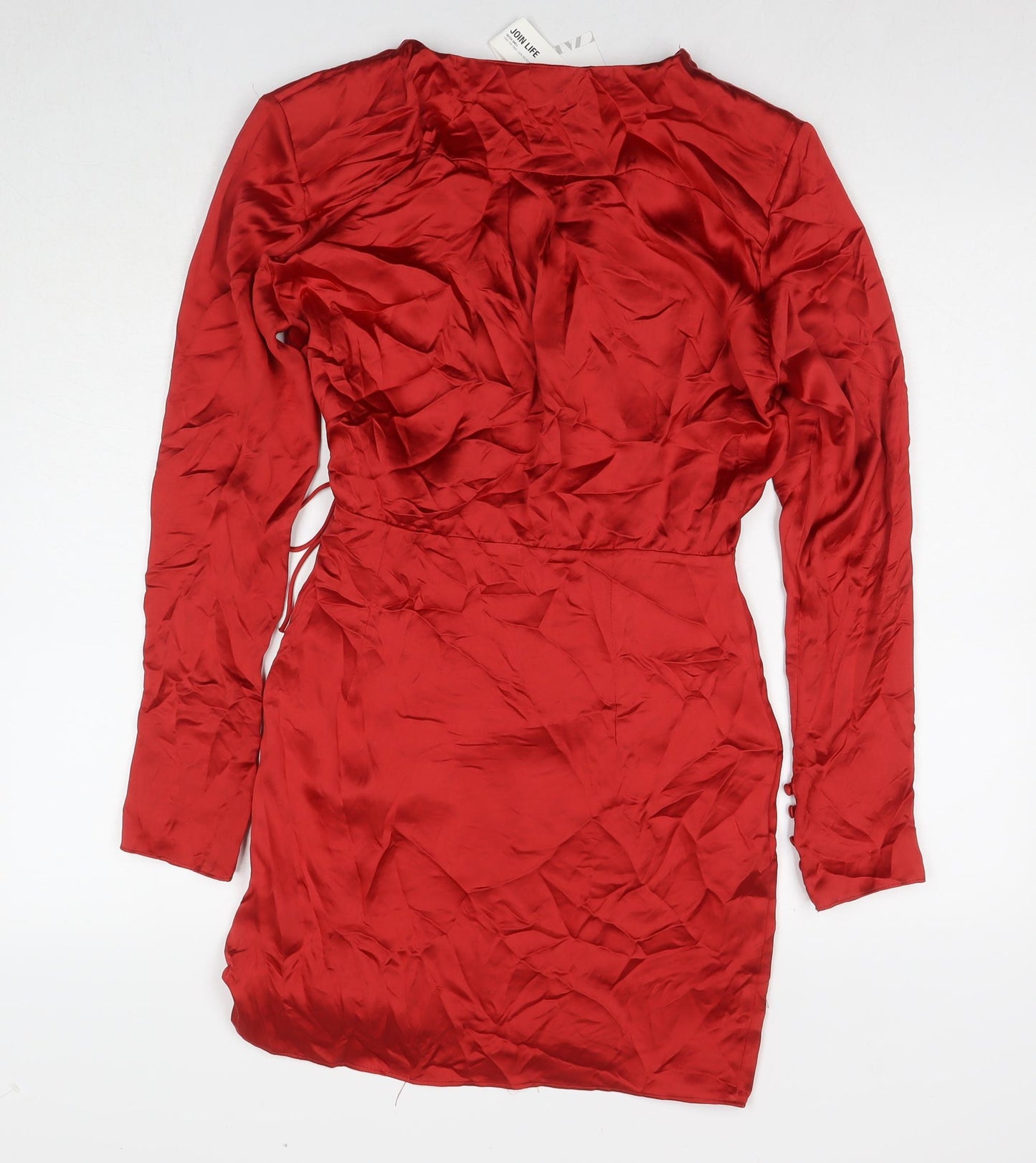 Zara Womens Red Polyester Wrap Dress Size L V-Neck Button