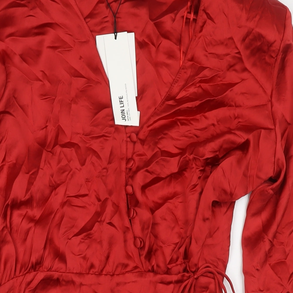 Zara Womens Red Polyester Wrap Dress Size L V-Neck Button