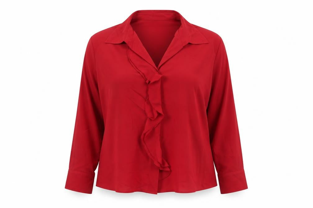 Front view of Marks & Spencer women’s red polyester basic button-up, size UK 18, collared