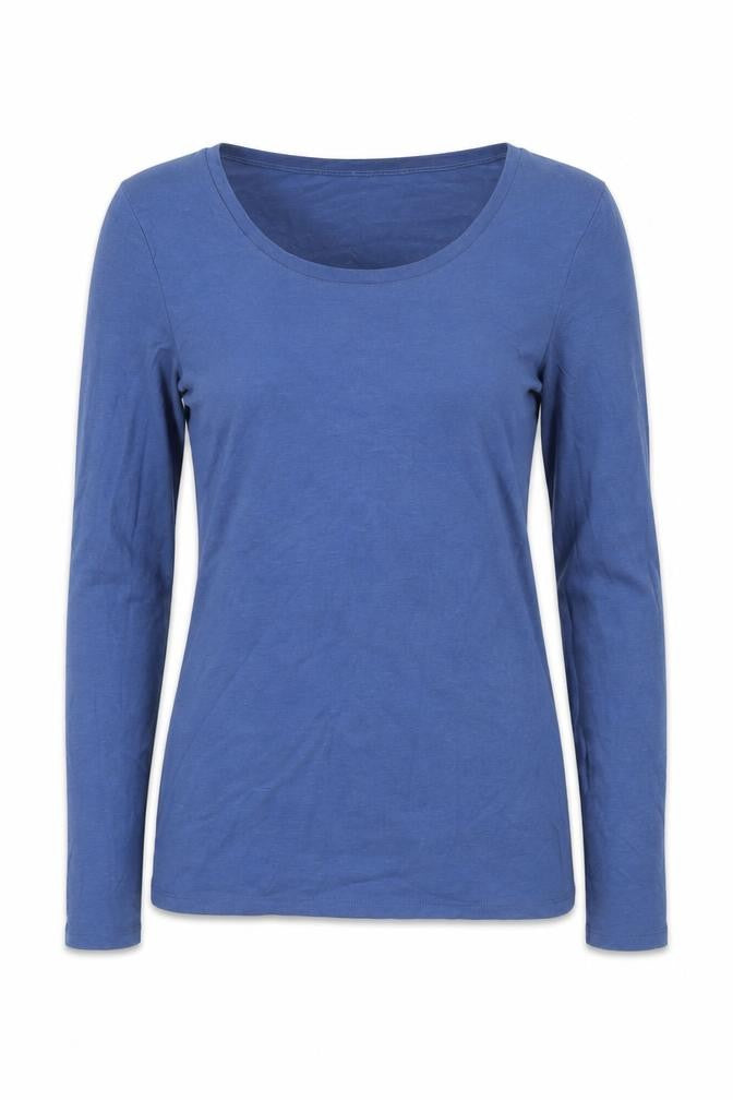 Front view of IRIS women’s blue acrylic basic t-shirt, size S, round neck