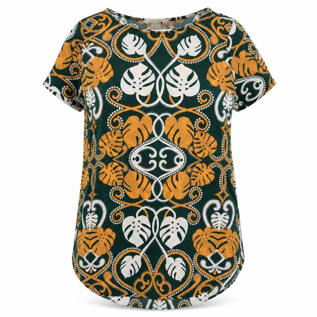 Front view of H&M women’s green geometric polyester basic t-shirt, size XS, round neck