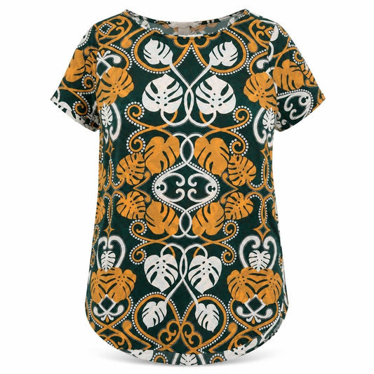 Front view of H&M women’s green geometric polyester basic t-shirt, size XS, round neck