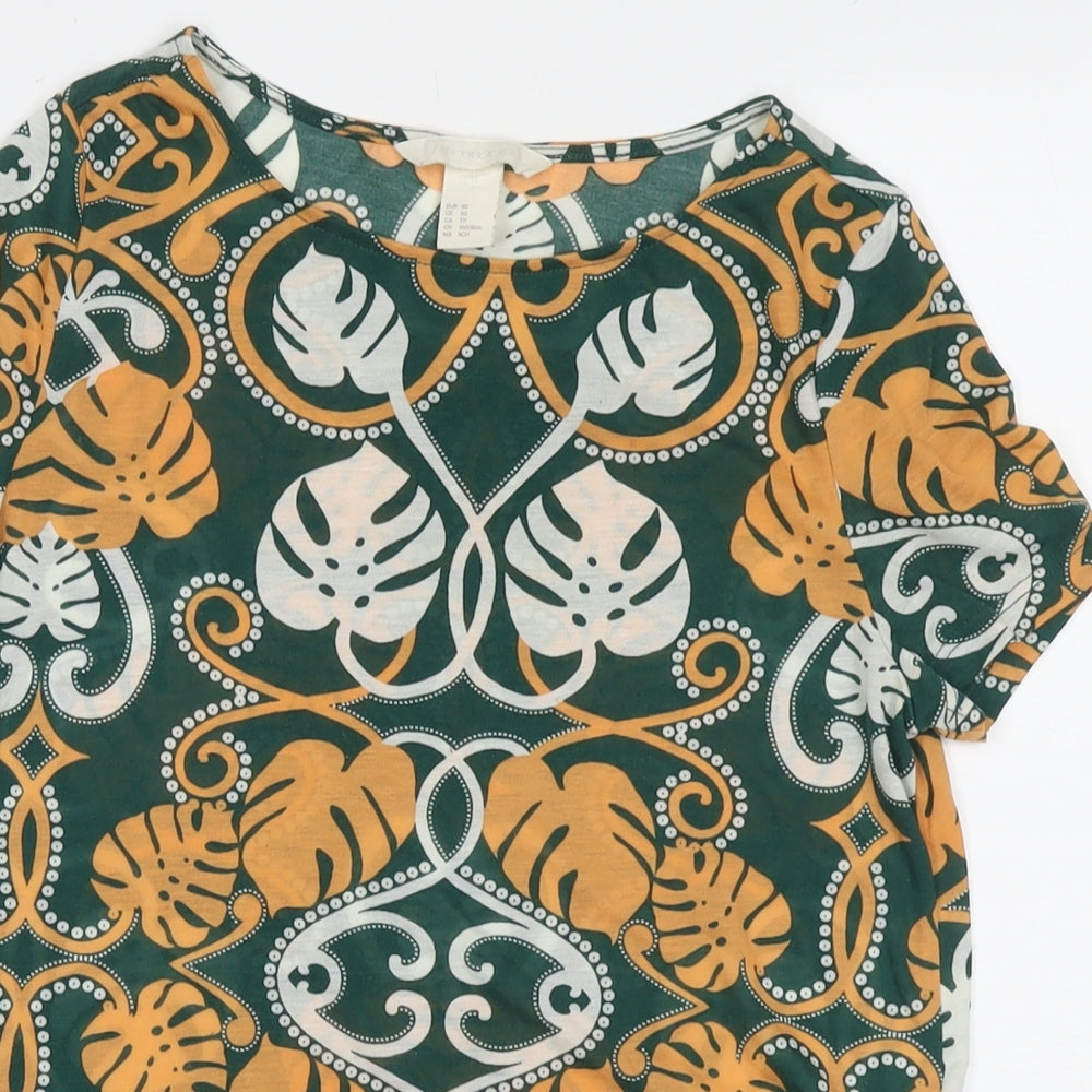 H&M Womens Green Geometric Polyester Basic T-Shirt Size XS Round Neck