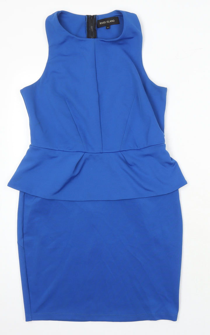 River Island Womens Blue Polyester Pencil Dress Size 14 Boat Neck