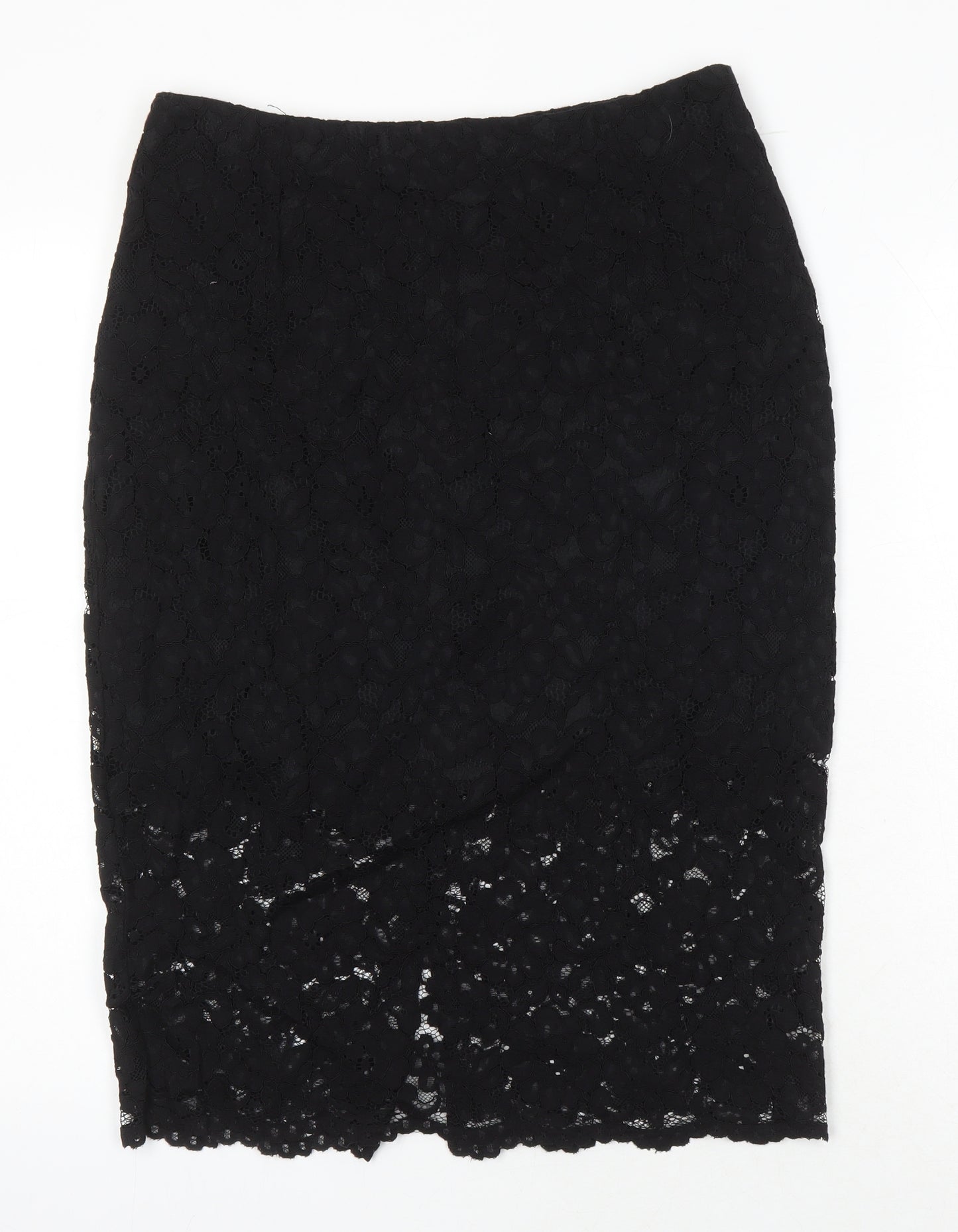 H&M Womens Black Cotton Straight & Pencil Skirt Size 10 Zip - Lace Overlay