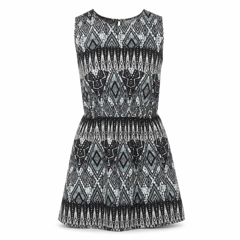 Front view of Boohoo women’s ivory geometric polyester a-line, size UK 14, round neck