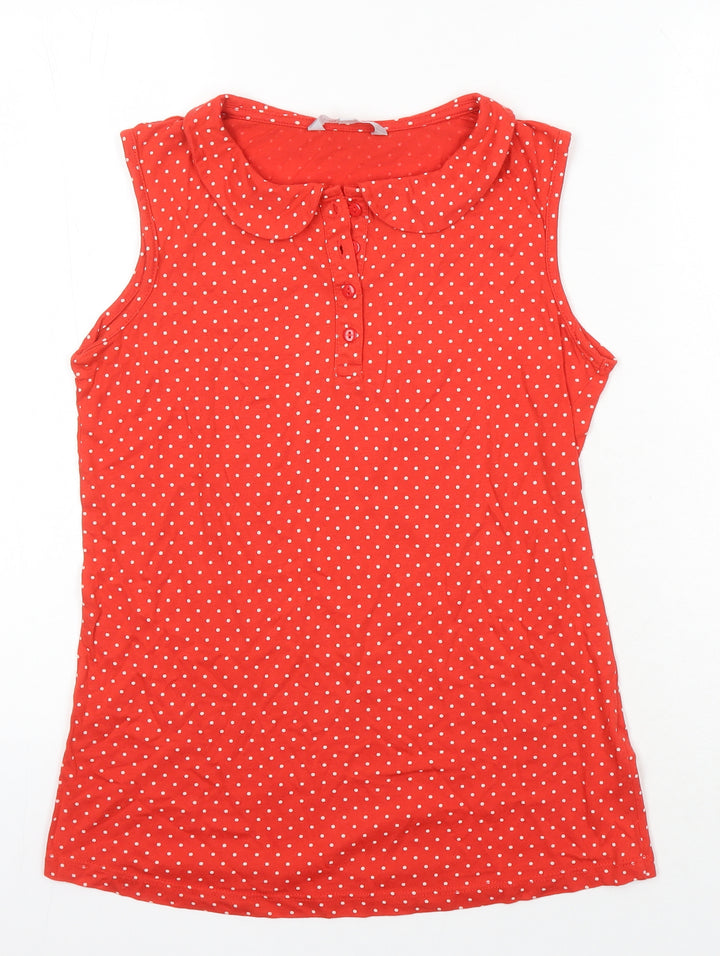 Red Herring Womens Red Polka Dot Cotton Tunic Button-Up Size 10 Collared