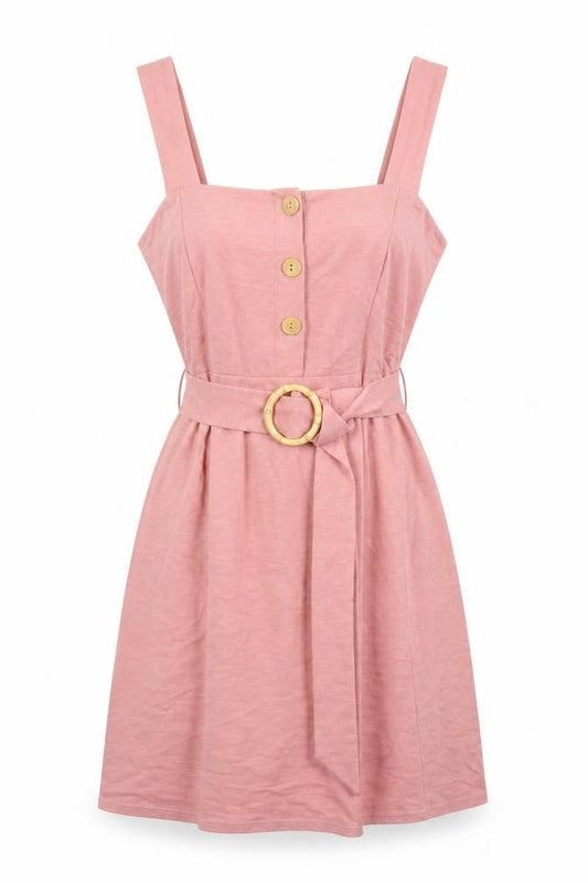 Front view of Topshop women’s pink houndstooth viscose a-line, size UK 12, square neck