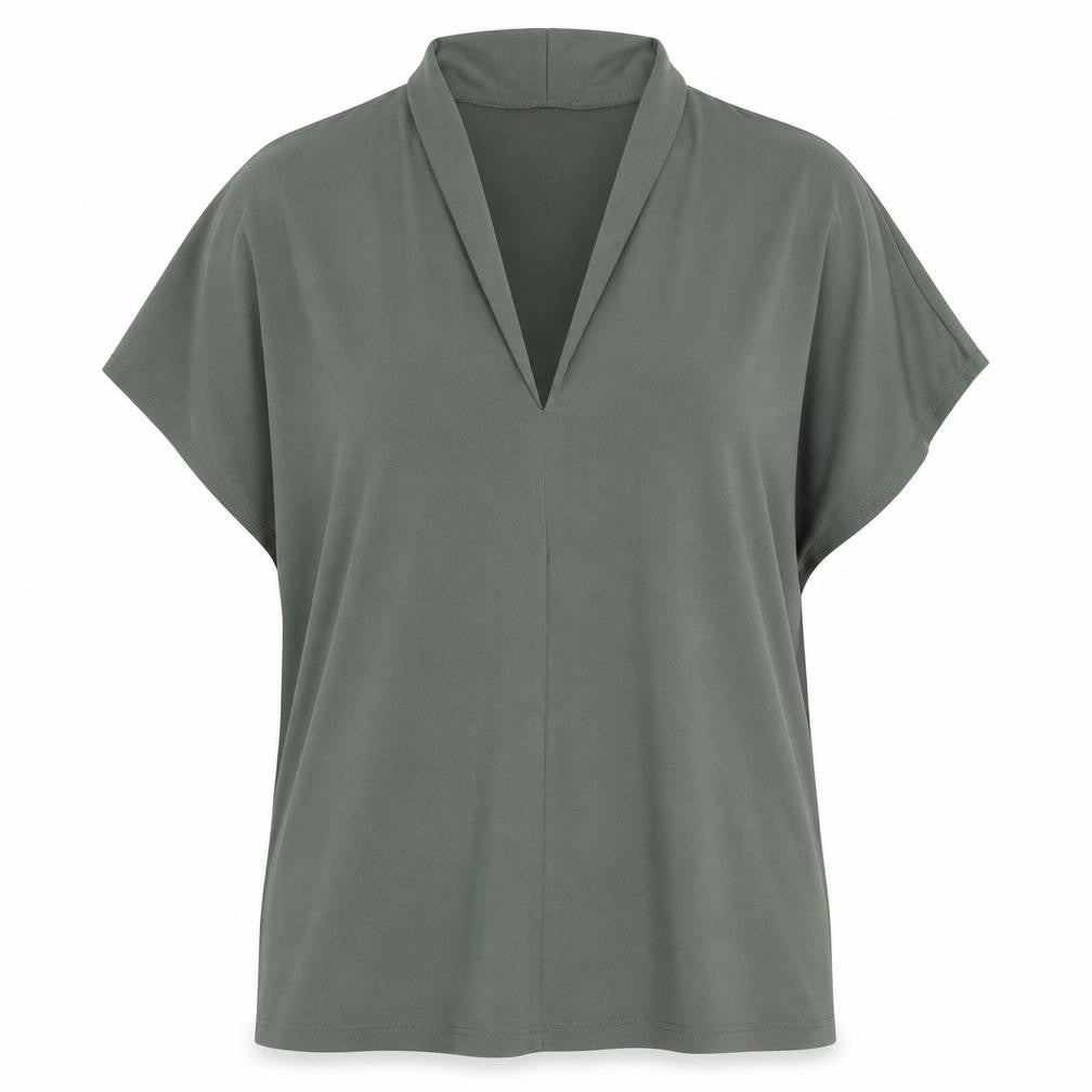 Front view of H&M women’s green polyester tunic blouse, size M, v-neck