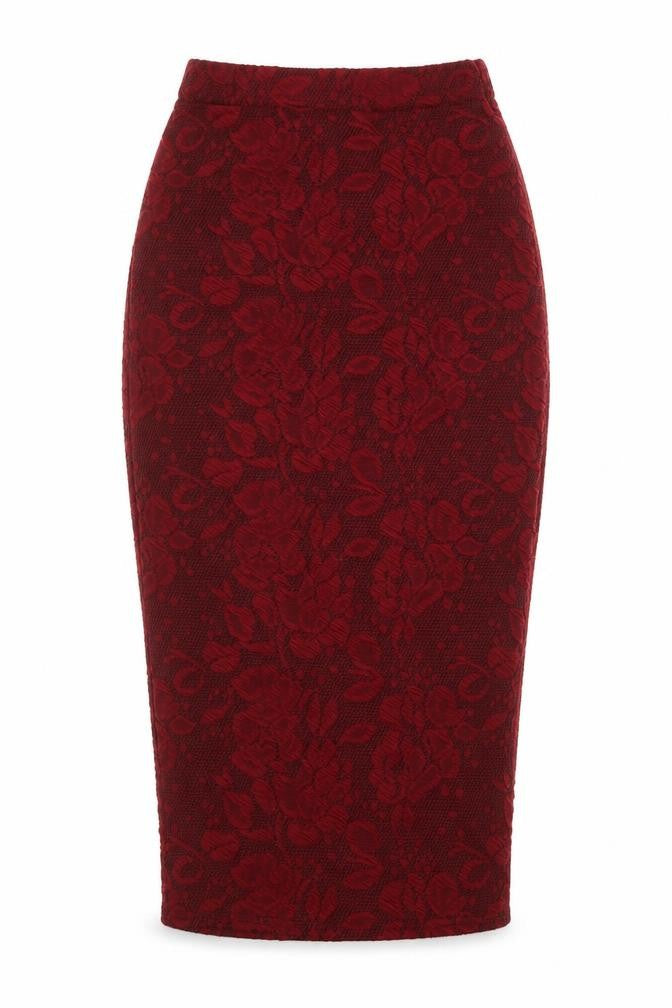 Front view of Select women’s red polyester straight & pencil skirt, size UK 8, - elasticated waist