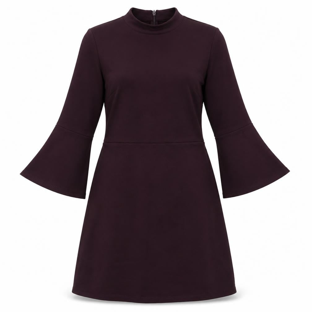 Front view of Warehouse women’s purple houndstooth viscose a-line, size UK 14, round neck