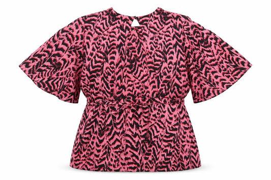 Front view of New Look women’s multicoloured geometric polyester tunic blouse, size UK 14, round neck